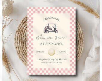 Golf Birthday Invitation Template, Pink Golf Party Invite, Golf Cart Birthday Invitation, Golf Theme Birthday, Editable Printable Card