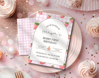 Berry First Birthday Invitation Template, Strawberry 1st Birthday Invite, Girls 1st Birthday Invitation, Printable Invite, Digital Download
