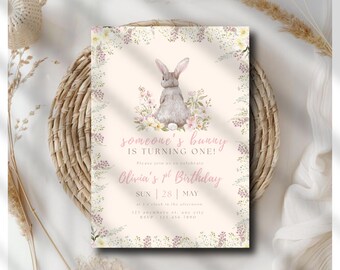 Coquette Pink Bunny 1st Birthday Invitation, Vintage Floral Rabbit Theme, Editable Template, Digital Download,