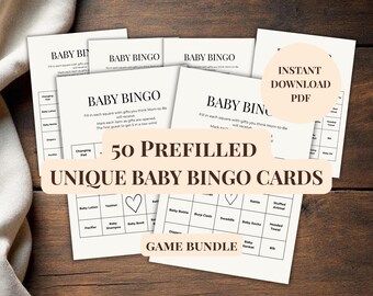 Baby Bingo Cards Printable | 50 Unique Baby Shower Bingo Cards 5x7 | Gender Neutral Baby Shower Game | Instant Download (NOT EDITABLE)