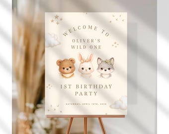 Wild One First Birthday Welcome Sign | Woodland 1st Birthday Decor | Editable Canva Template | Neutral Boho Party Sign | Digital Download