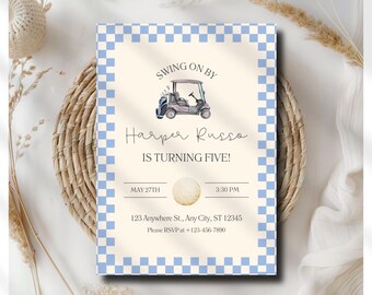 Blue Golf Birthday Invitation, Golf Party Invite Template, Golf Cart Birthday Invite, Kids Golf Birthday Party, Editable Printable Card