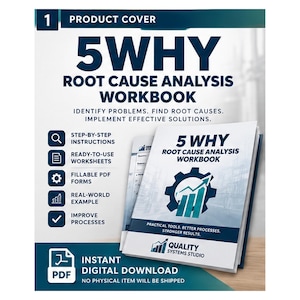 Op de afbeelding: Een 5 WHY ROOT CAUSE ANALYSIS werkboek met een witte kaft voorzien van een blauw tandwiel- en staafdiagrampictogram. De tekst bevat IDENTIFY PROBLEMS. FIND ROOT CAUSES. IMPLEMENT EFFECTIVE SOLUTIONS. en QUALITY SYSTEMS STUDIO.