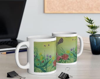 Floral Butterfly Ceramic Mug Perfect for Nature Lovers Gift for Home Gardners Coffee or Tea Botanical Decor for Spring Lovers