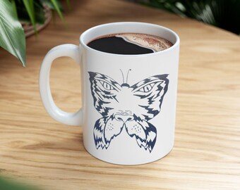 Butterfly Tiger Ceramic Mug Unique Butterfly Design Mug Tiger Lover Coffee Cup Animal Print Tea Mug Wildlife Lover Gift, Nature Inspired