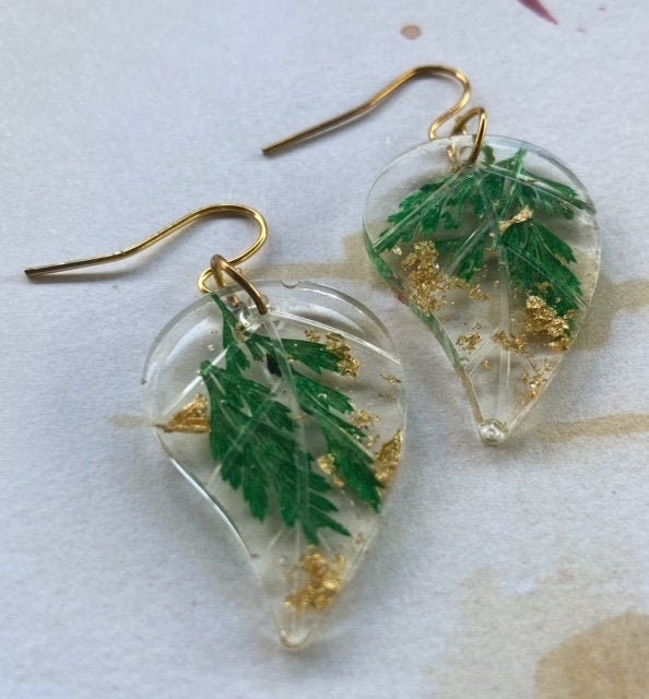 Pressed Fern Resin Leaf Earrings Etsy UK
