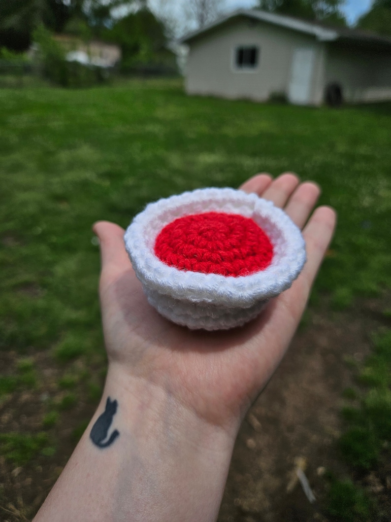 May include: A crocheted red and white pie dish, with a red crocheted filling, is held in a person's hand.