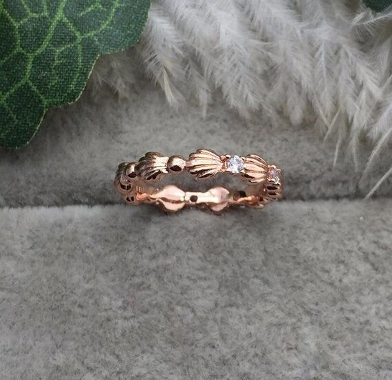 Sparkling Seashell Band Ring, 925 Sterling Silver \u0026 Rose Gold Plated with CZ, Pandora Compatible, Fully Stamped