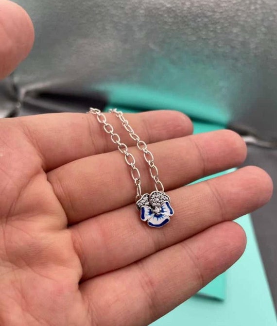 Blue Pansy Flower Pendant Necklace 100 