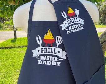 Daddy and Me Bib Style Apron Set - Grill Master Daddy and Grill Master In Training - Father's Day Gift Idea - Father and Child Apron Set