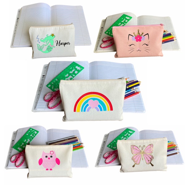 Personalized Canvas Girl's Pencil Pouch - Pencil Case - Rainbow - Cat - Owl- Butterfly - Mermaid - Personalized Pencil Case - Back To School