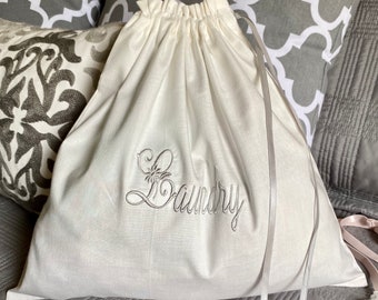 Ivory Embroidered Travel Laundry Bag - Laundry Bag - Lingerie Bag - Travel Accessories - Laundry Travel Bag - Bridesmaid Gift - Wedding Gift