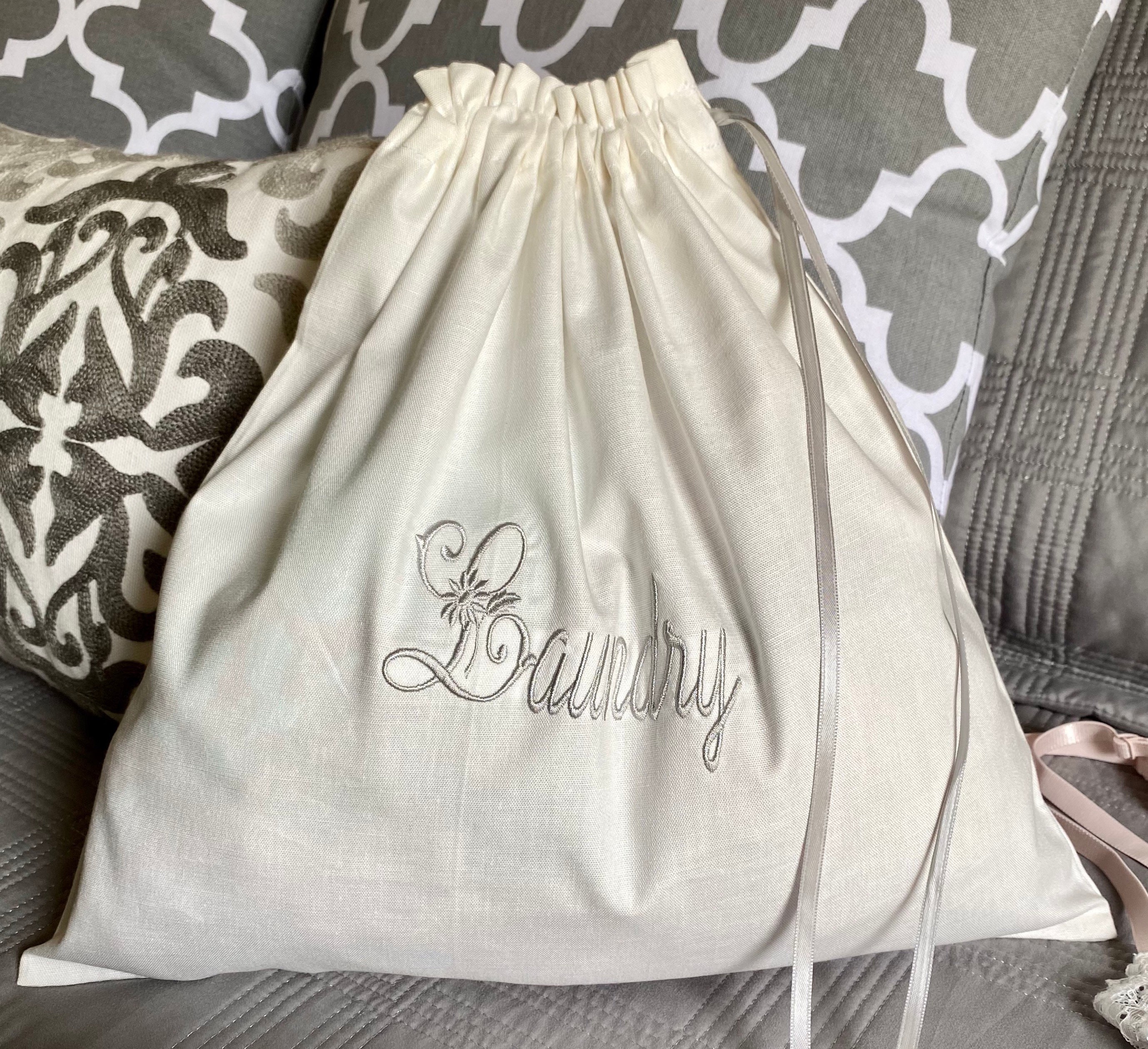 Ivory Embroidered Cotton Travel Laundry Bag - Bridesmaid Gift