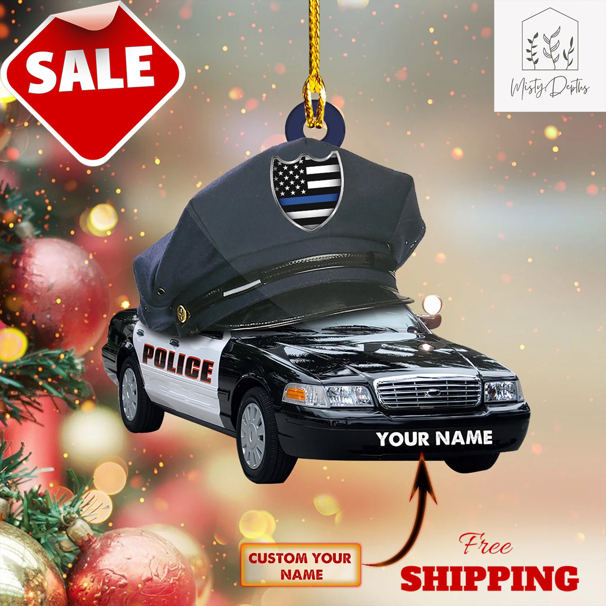 Christmas Ornament POLICE CAR Glass BLACK & SILVER 4.75" 