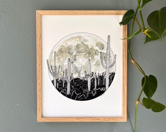 Saguaro Cactus Art Print: Desert Moonrise, Arizona Landscape