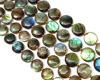 AAA+ 16mm Firey Blue Green Gold Flash Labradorite Smooth Coin Beads