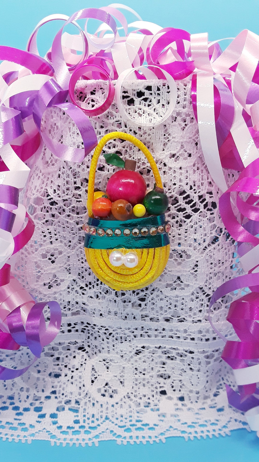 Yellow Fruit Basket With a Green Ribbon X Etsy