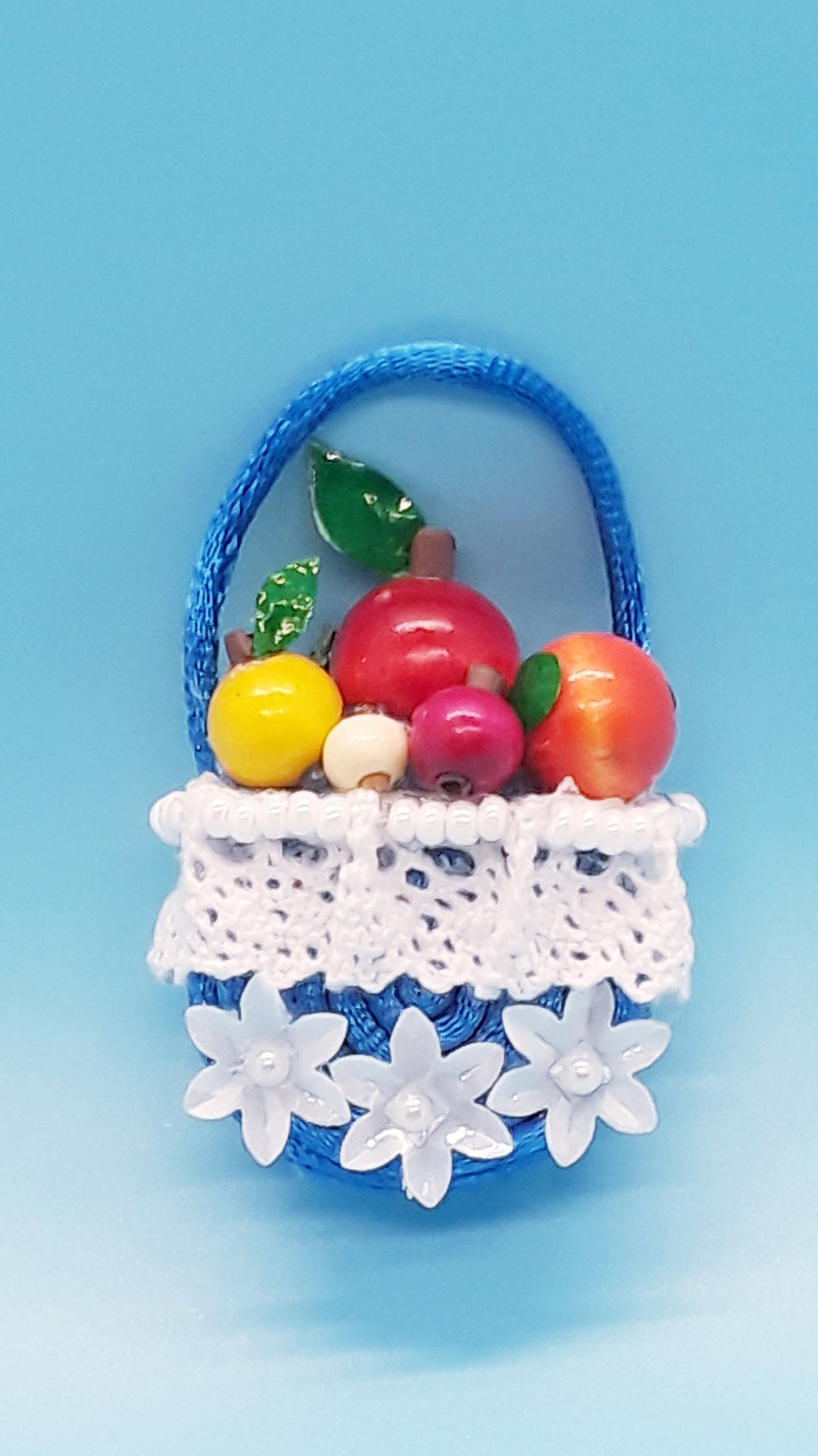 Blue Fruit Basket With White Lace and Flowers X Etsy
