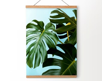 Monstera Plant Print, Green Leaves Wall Hanger, Tropical Wall Decor, Kitchen Art, Botanical Green Art, Wood Oak Frame, Gift Idea
