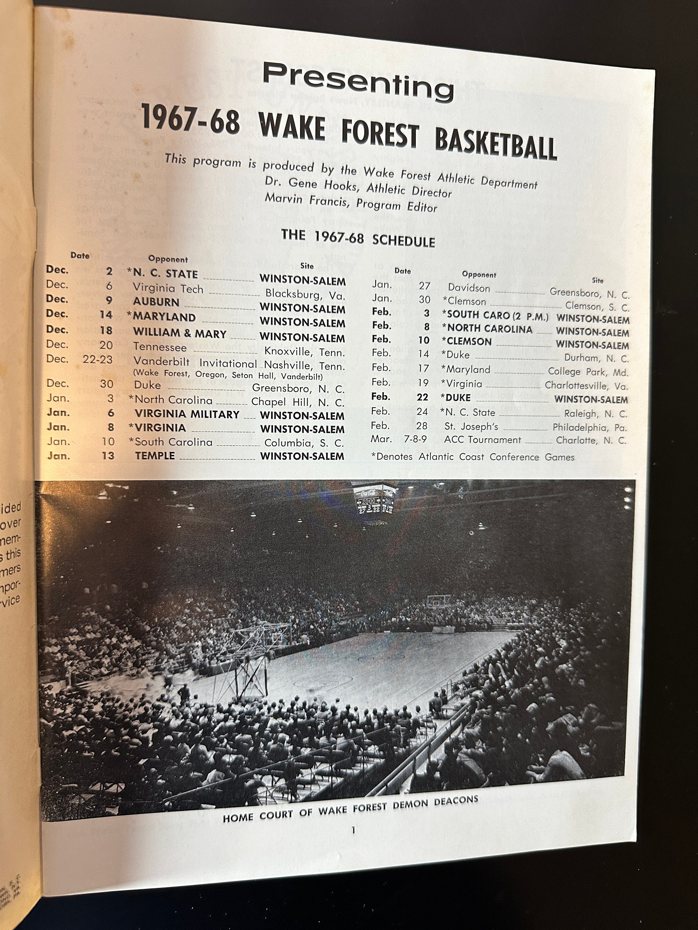 Vintage College Basketball Program 2/08/1968 Wake Forest Vs. UNC