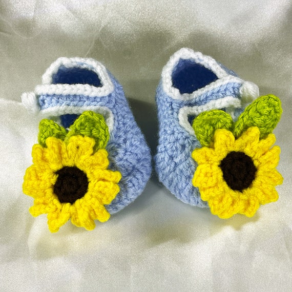 Handmade Crochet Blue Sunflower Baby Shoes, Newborn Shoes, Infants