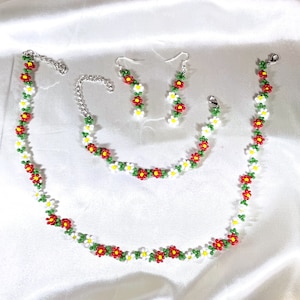 beaded flowers necklace, bracelet, earring set beaded flowers choker personalised beaded great gift choice for everyone