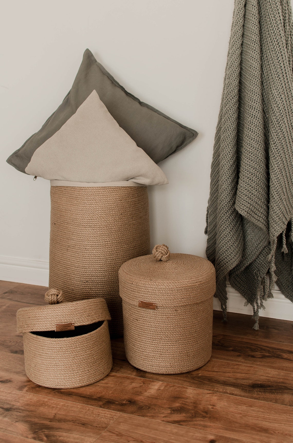 Big laundry jute basket with lid toys storage Etsy