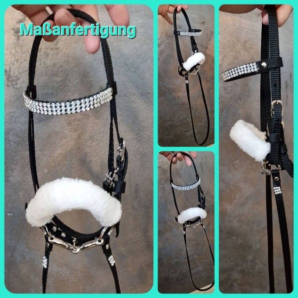 Filet / bride Hobby Horse avec frontal pailleté, embout buccal, muserolle en peluche et rênes fermes *FAIT SUR MESURE - Veuillez regarder la vidéo !