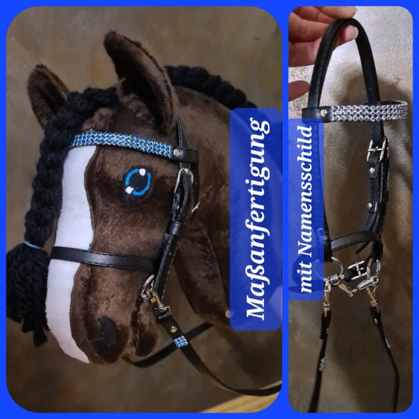 Hobby Horse Leder-PU Trense/ Zaumzeug schwarz mit Glitzerstirnriemen und abnehmbaren Zügeln ( Karabiner) MAßANFERTIGUNG * mit Namensschild