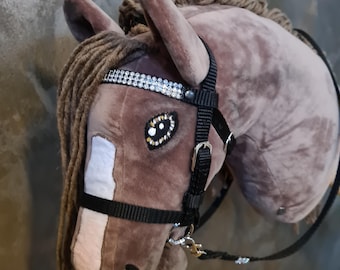 Briglia Hobbyhorse / briglia nera con frontalino glitterato e redini fisse SU MISURA * Guarda il video