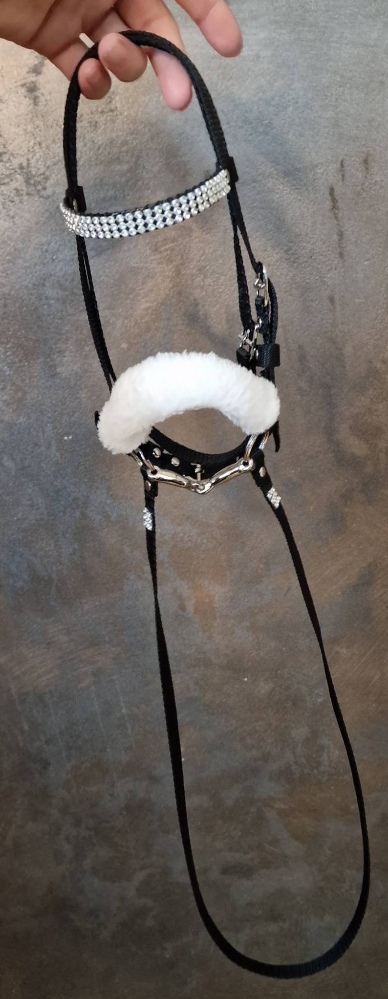 Pu&ograve; includere: Un cavezza per cavalli nera con un nasello in pile bianco e un morso in argento. La cavezza ha una fila di strass sulla fronte.