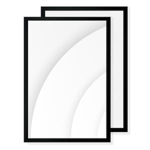 May include: Two rectangular black picture frames with white interiors are stacked slightly offset. The frames have a minimalist design, with a clean, modern aesthetic. The white interiors feature a subtle, curved design.