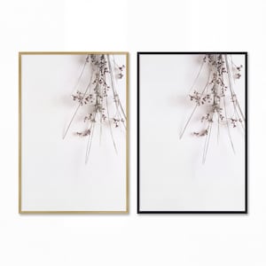 Könnte beinhalten: Zwei rechteckige Wandbilder mit einer minimalistischen botanischen Illustration aus getrockneten, dünnen Gräsern mit kleinen braunen Samenständen. Ein Druck ist in einem goldfarbenen Metallrahmen, der andere in einem mattschwarzen Rahmen.