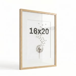 May include: A framed print with a dandelion design and the text "16x20". The frame is made of light-coloured wood. The print has a white border.