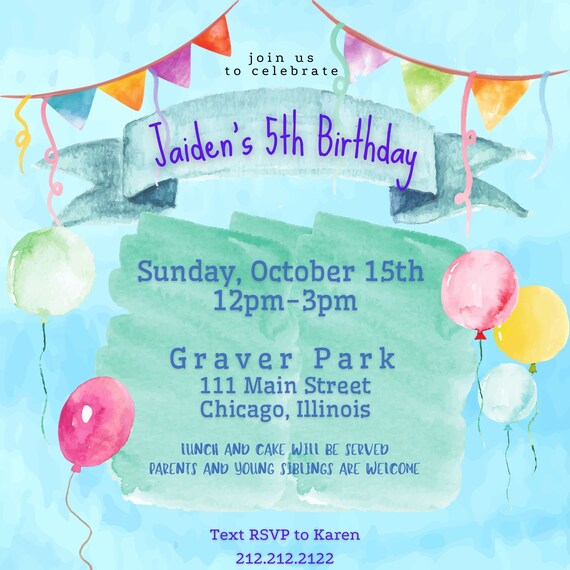 Children's park birthday invitation watercolor invite digital download