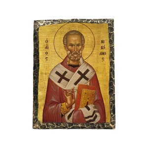 Sint-Nicolaas Nikolaos Icoon | Handgemaakte Griekse Icon | Byzantijnse iconen | Orthodoxe Icon | Russisch Icon | Patroonheilige | Religius Plaquette |