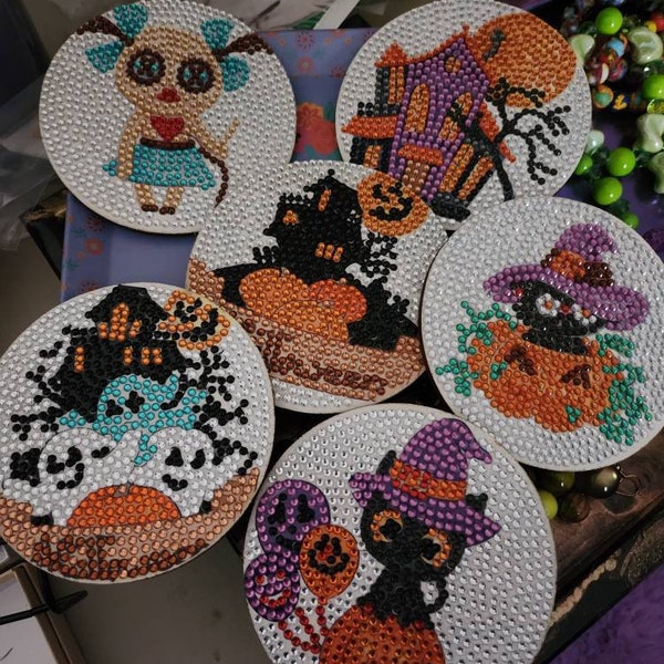 6 piece set of Halloween  completed diamond art coasters