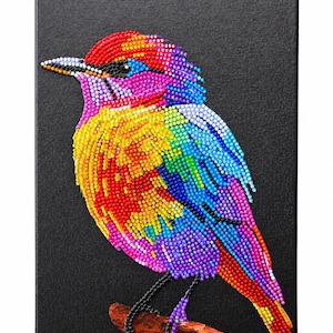 Peut inclure: Une toile rectangulaire représentant un oiseau réalisé en mosaïque de petites perles colorées. L'oiseau affiche un spectre vibrant de teintes rouges, orange, jaunes, bleues et violettes sur un fond noir uni, perché sur une branche brune.