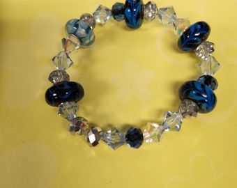 Lampwork glass beads stretchy bracelet with Czech crystals
