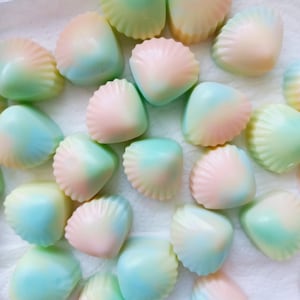 Può includere: Una collezione di caramelle a forma di conchiglia di mare dai colori pastello. Le caramelle sono disposte su una superficie bianca e sono un mix di rosa, blu e verde.