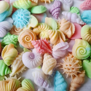 May include: A selection of pastel-coloured seashell decorations in shades of pink, blue, yellow, and green. The image shows a variety of shell shapes and textures, creating a decorative and whimsical arrangement.
