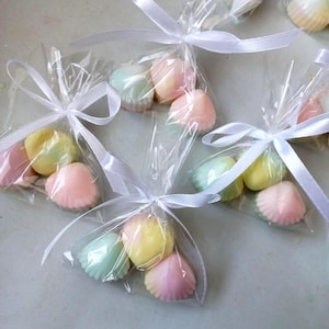 Può includere: Diversi sacchetti di plastica trasparente contenenti ciascuno tre piccole caramelle a forma di conchiglia nei toni pastello del rosa, giallo e azzurro. Ogni sacchetto è legato in cima con un nastro di raso bianco che chiude la confezione.