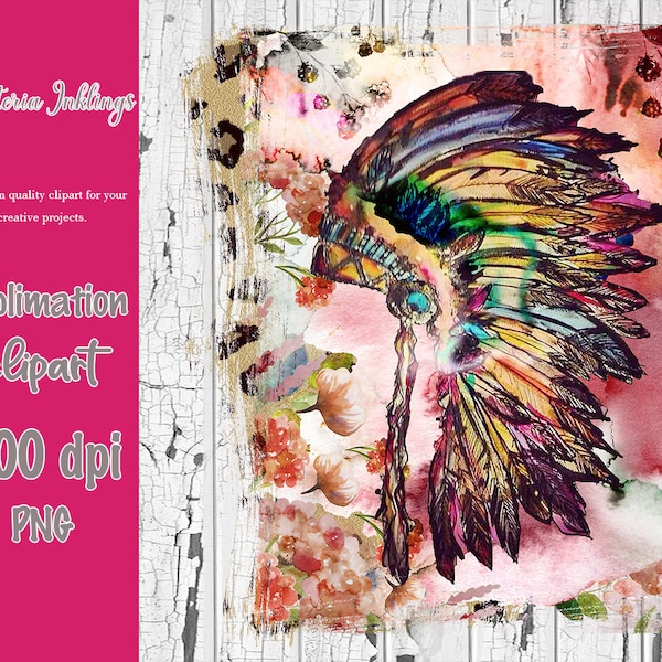 Watercolor Boho Headdress, Western, Punchy, Sublimation Design, PNG File, Instant Download
