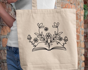 Book Lover Flower Tote Bag, Literary Gift, Reusable Tote, Library Bag, Book Club Gift, Eco-Friendly tote bag, floral book lover tote bag.