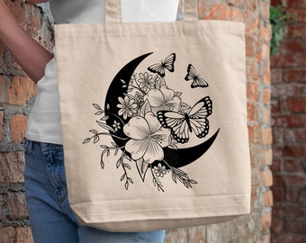 Floral Moon Butterfly Cotton Canvas Tote Bag, Lightweight