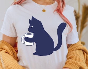 Cat holding a coffee fun T-shirt, gift for him or her who loves cats and coffee shirt