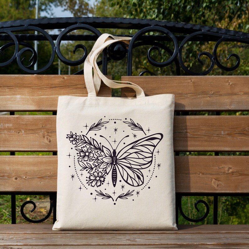 Boho Butterfly Floral Cotton Canvas Tote Bag, Aesthetic Girl image 3