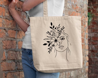 Floral Face Boho Tote Bag, Cute Cotton Canvas Bag