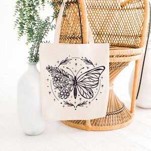 Boho Butterfly Floral Cotton Canvas Tote Bag, Aesthetic Girl image 5