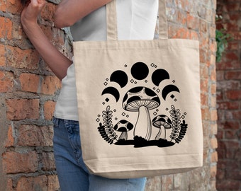 Magic mushrooms tote bag gift for booklovers Mushroom with Moon Phases Cottagecore tote bag gift bag for mushroom lovers mushroom tote bags